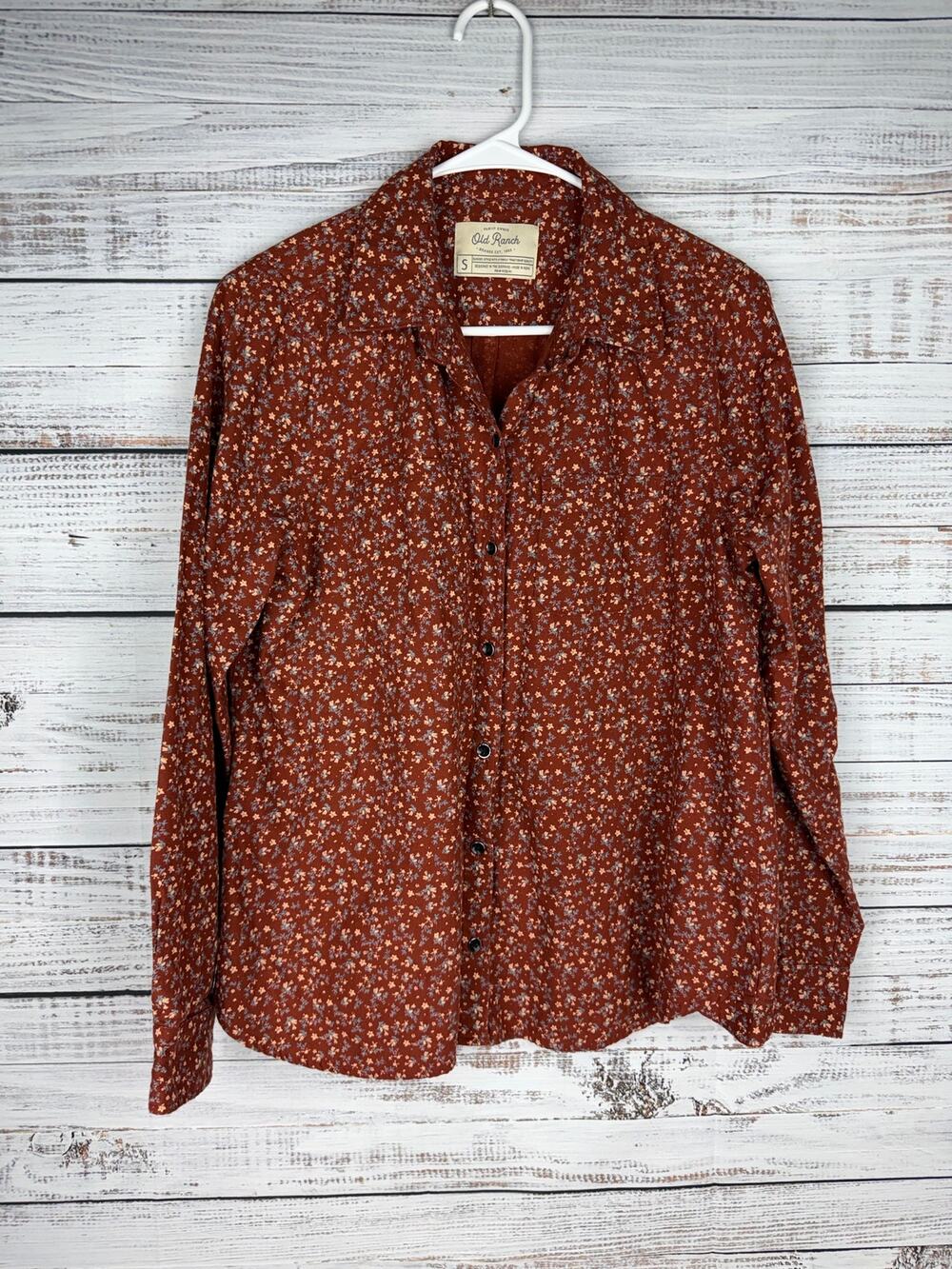 Old Ranch Ditzy Floral Button Down Shirt Rust Red Western 100% Cotton Boho Small